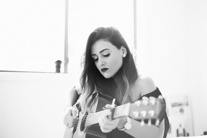 woman, plating, guitar, black and white, people, girl, playing