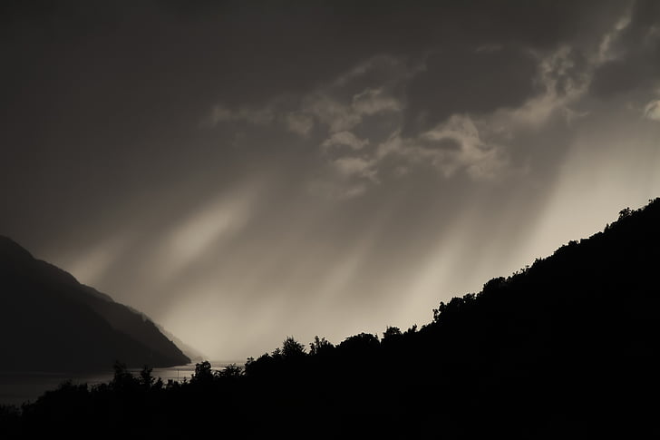 backlit, black-and-white, clouds, gloomy, monochrome, mountain, silhouettes