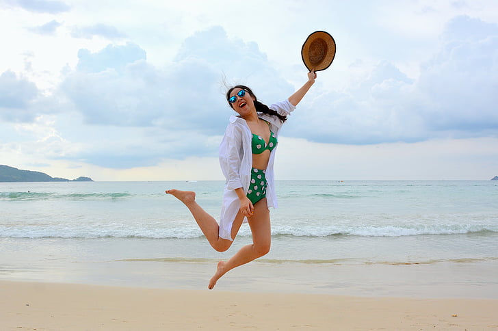 woman, green, piece, bikini, jumping, beside, sea