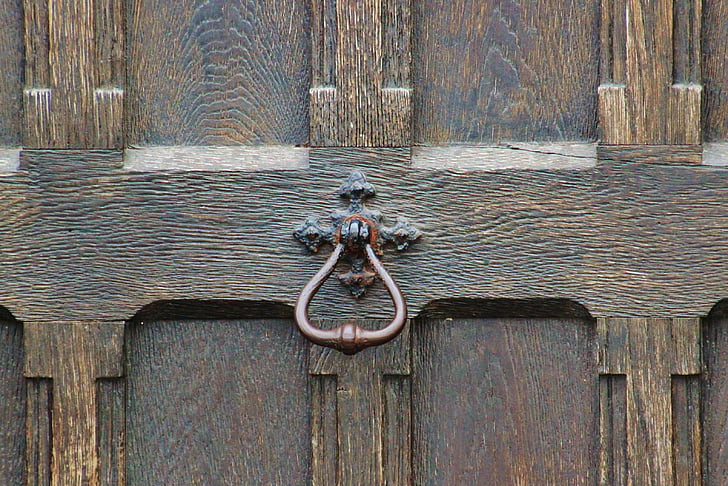 deur, voordeur, de ingang van het huis, doorknocker, input, hout, metalen fitting
