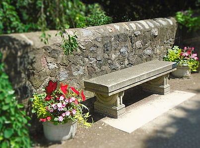 bench, wall, marble, stone, park, garden, flowers