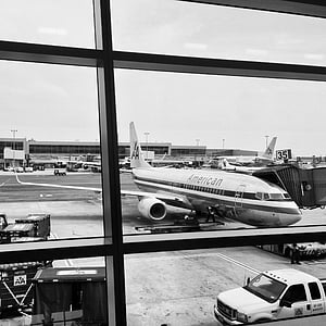 aircraft, new york, terminal, airport, holiday, black and white, airplane