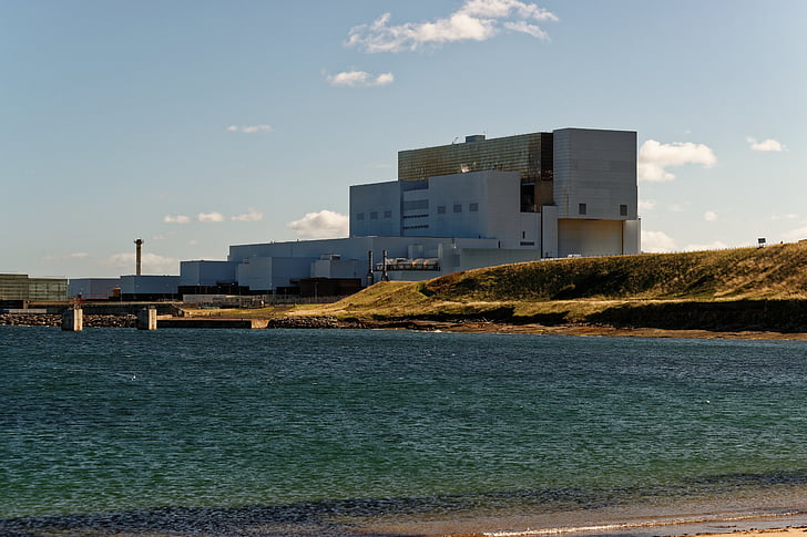 Torness power station, energia nuclear, poder, edifício, litoral, mar, água