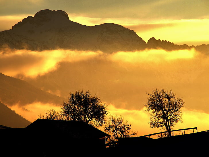 alpine, back light, abendstimmung, mountains, sun, evening mist, autumn