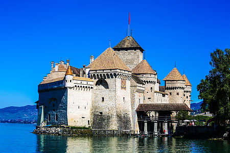 schweiziska, resor, landskap, Château de chillon, fort, slott, arkitektur