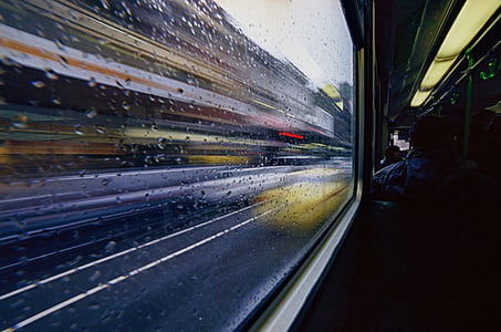 transport, blurry, moving, tram, bus, urban, street
