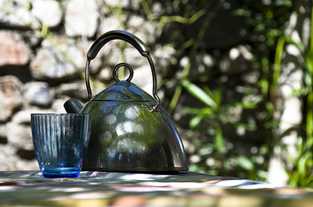 bule de chá, caldeira de água, metal, aço inoxidável, terraço, bules de chá, pote