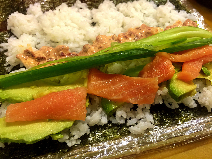 sushi, lazac, rizs, konyha, füstölt, tenger gyümölcsei, roll