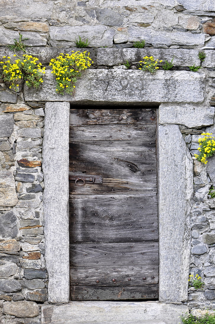 door, wood, stone, wall, bergdorf, flowers, closed