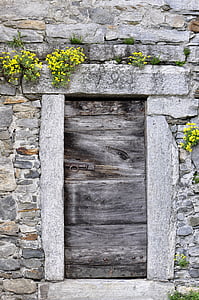 πόρτα, ξύλο, πέτρα, τοίχου, Bergdorf, λουλούδια, κλειστό