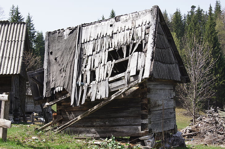 hut, decay, cottage, wood, broken, old, romania