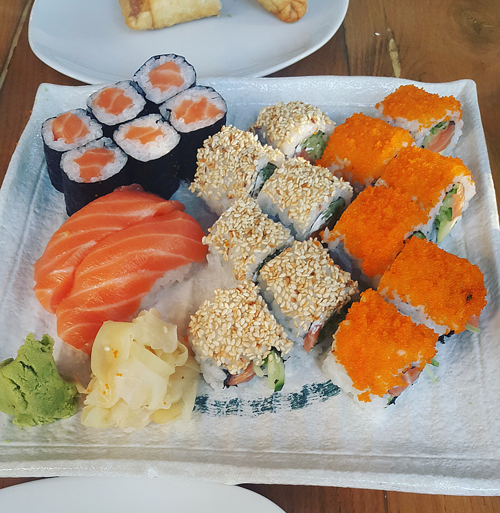 sushi, alimentos, Japón, salmón, placa de