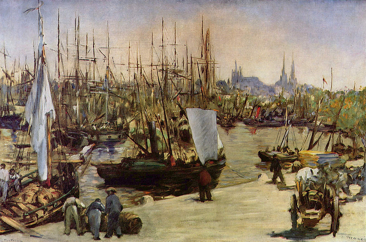 målning, båtar, hamn, Bordeaux, Édouard manet, 1871