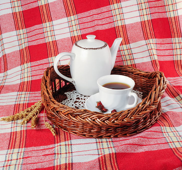 tray, tea, mug, teapot, drink, tablecloth, morning