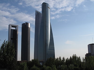 mrakodrap, čtyři věže, Madrid, obloha, Španělsko, obchodní, město