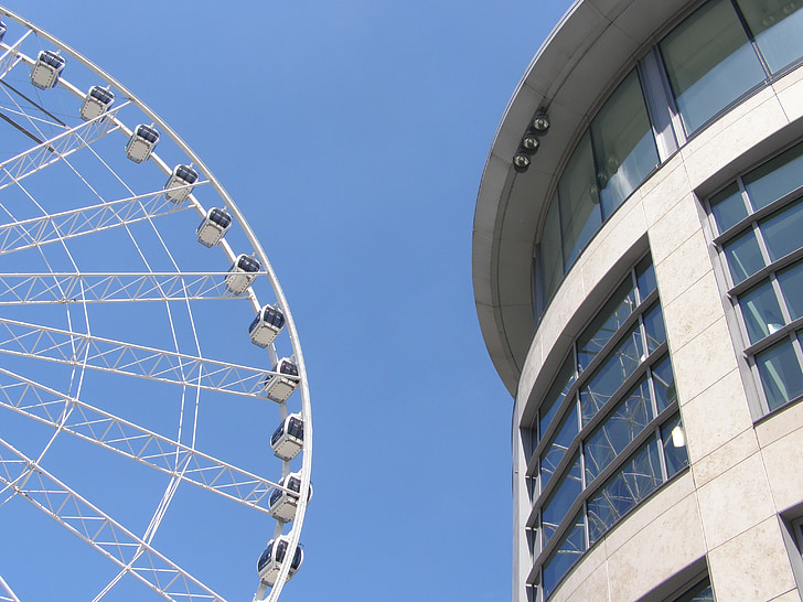 ferris wheel, wheel, architecture, landmark, building, cityscape, city