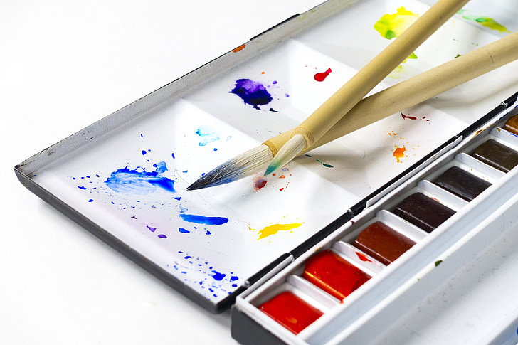 Akvareliniai dažai, dažai, dažymo įrankiai, spalva, raštu šepetys, nuotraukų, Menas