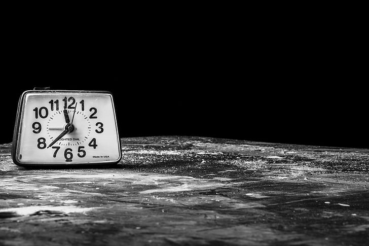 clock, showing, greyscale, photography, time, alarm, black and white
