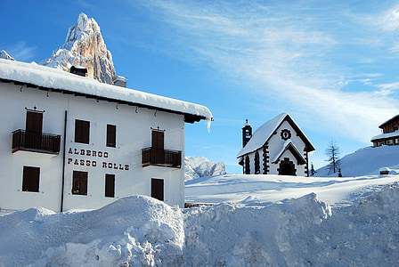 Dolomites, varjupaika, lumi, talvel, mägi, külm, maastik