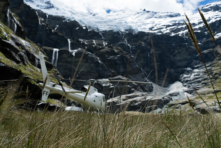 white, helicopter, grass, field, snow, covered, mountain