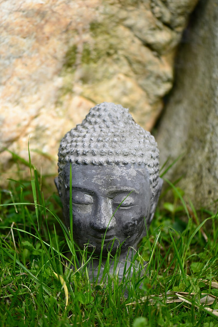 Buddha-fej, fű, kert, rét, szobor, buddhizmus, Ázsia