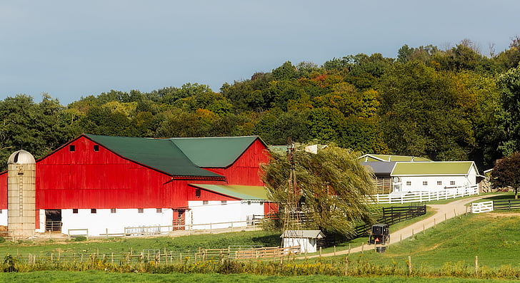 Ohio, Farm, rød, stald, bygninger, hus, hjem