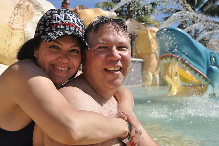 holiday, couple, happy, love, water park