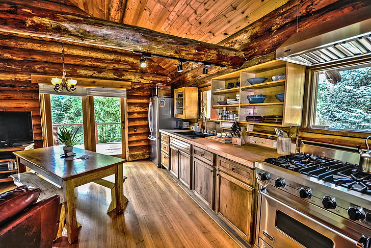 hdr, logs, log home, log cabin, kitchen, wood, country