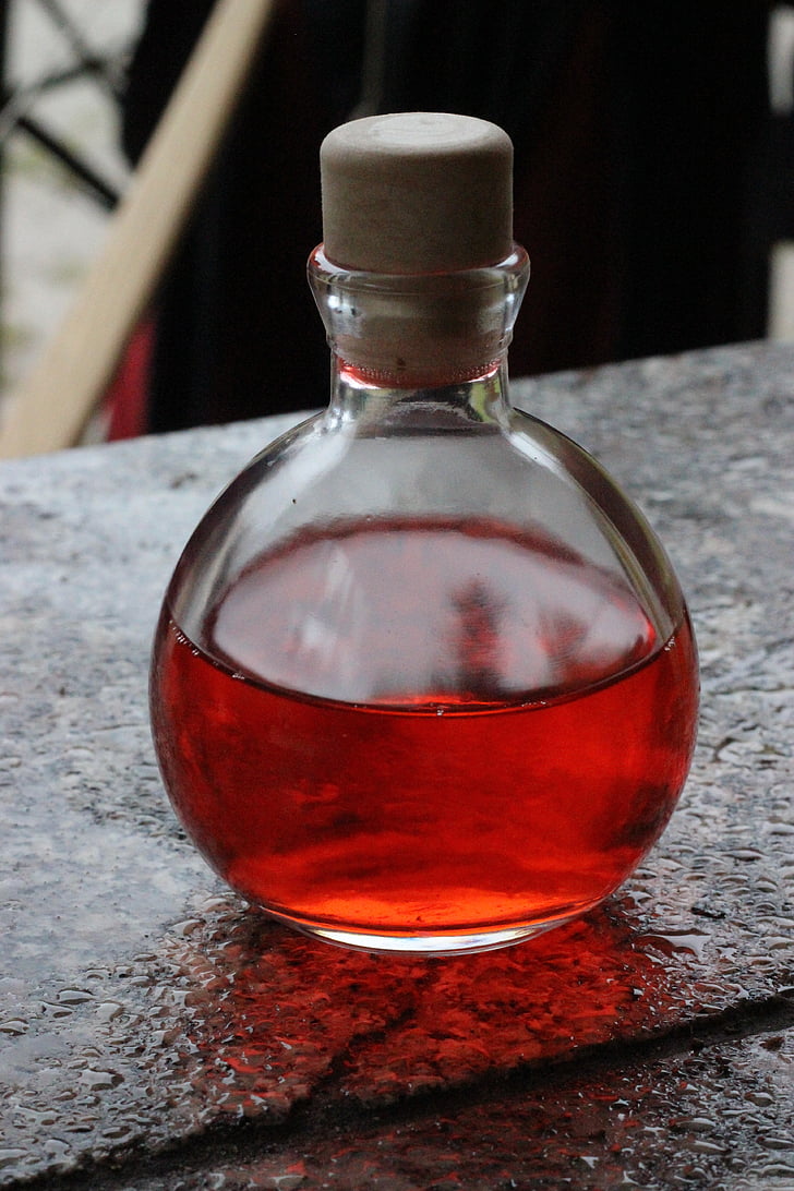 potion, flaske, trylledrik, hætteglas, glas, rød, Cork