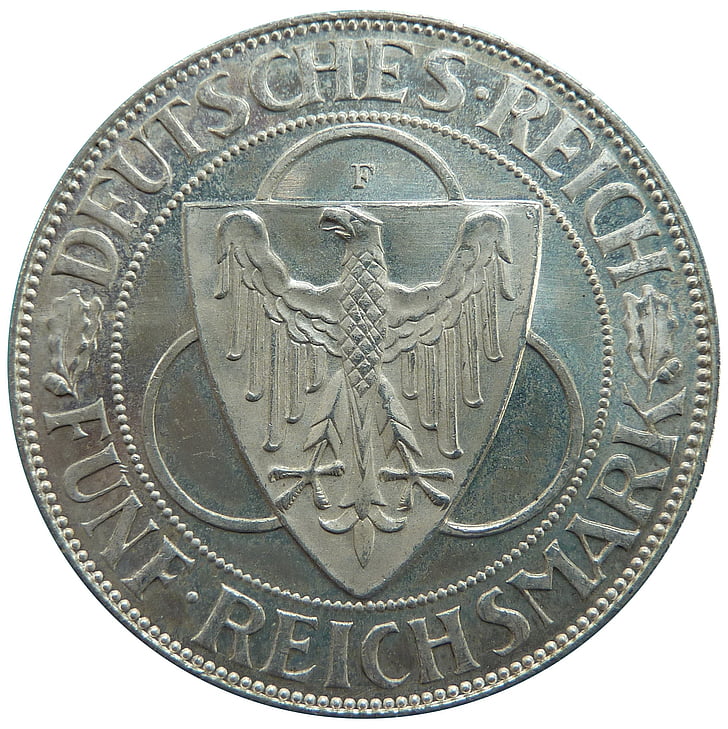 Reichsmark, rhinelands kliring, Republik Weimar, koin, uang, numismatik, mata uang