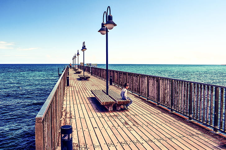 pier, dock, wooden, sea, horizon, quay, beach