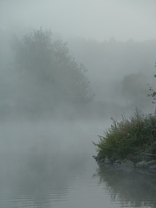Megla, reka, skrivnostni, jeseni, razpoloženje, scensko, vodo razmislek