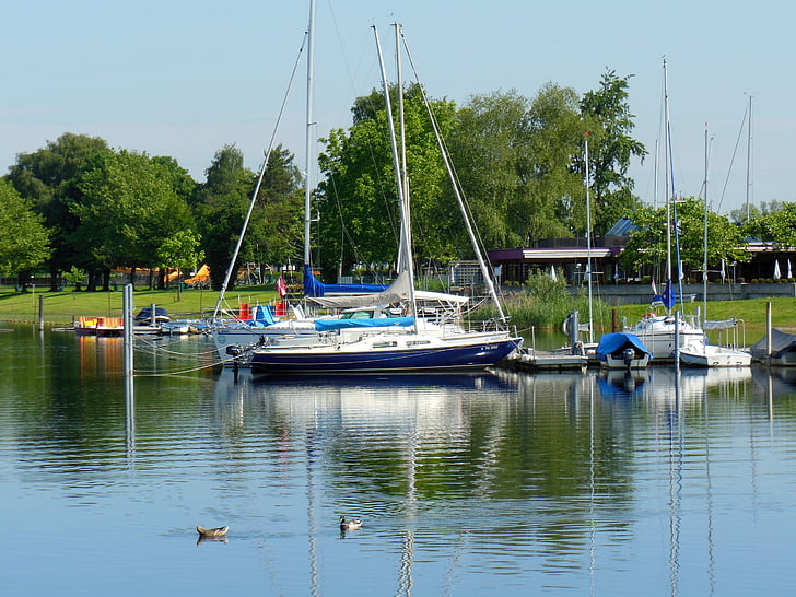 Jezioro Bodeńskie, łodzie żaglowe, nastrój, błękitne niebo, wody, romans, Maszty żagiel