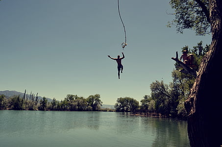 jump, water, swimming outdoors, dive, rope swing, lake, summer