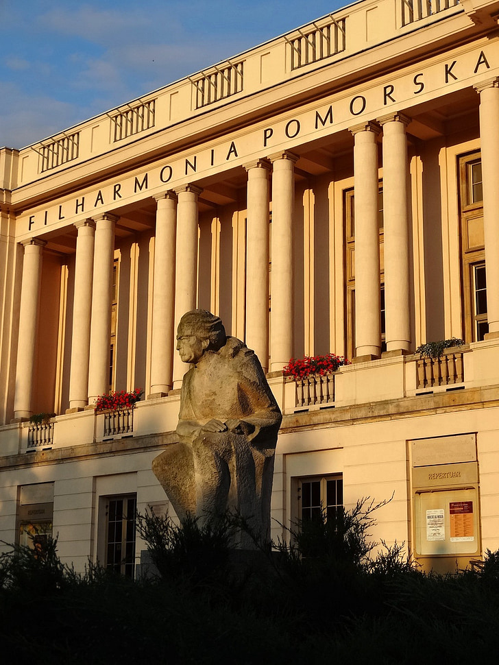 Filharmonii Pomorskiej, przód, Rzeźba, Architektura, Sala koncertowa, kolumny, fasada