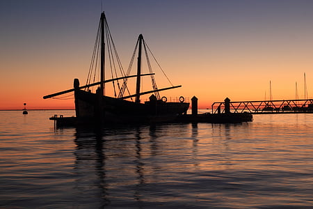 Portugal, Olhao, fiske, båt, solnedgång, kvällen, november
