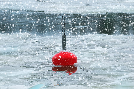 buoy, red, sea, winter, ice, snow rain, thaw