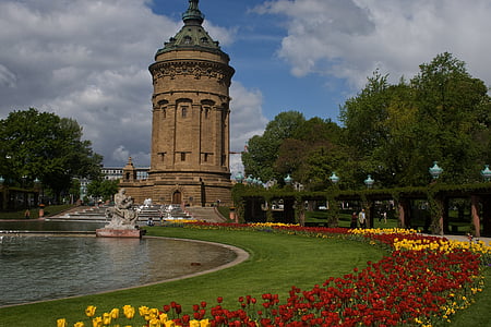 Mannheim, su kulesi, çiçekler