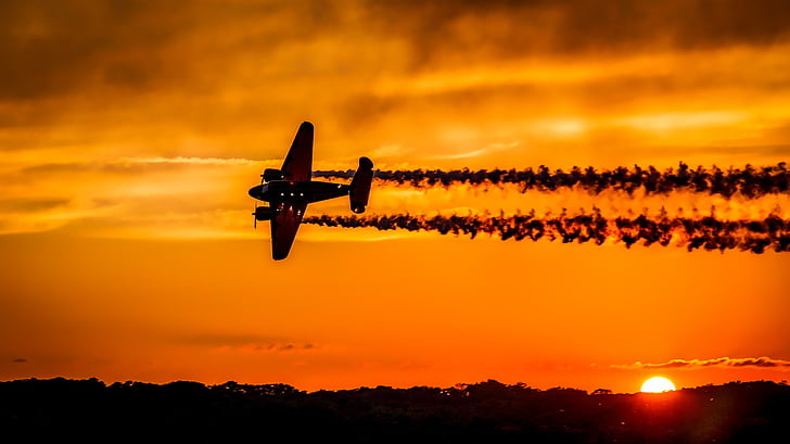sunset, airplane, aircraft, flight, contrails, sky, clouds