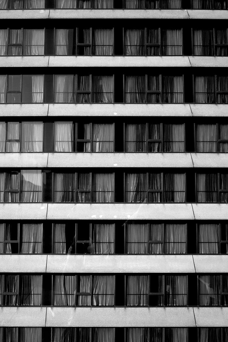 fekete-fehér, épület, homlokzat, nagy emelkedés, Windows, építészet, épület külső