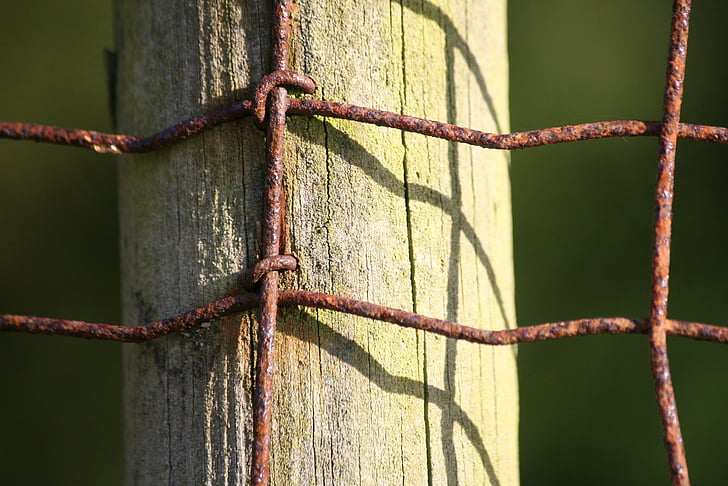 pole, wood, wire, fence, worn, rusty, aged