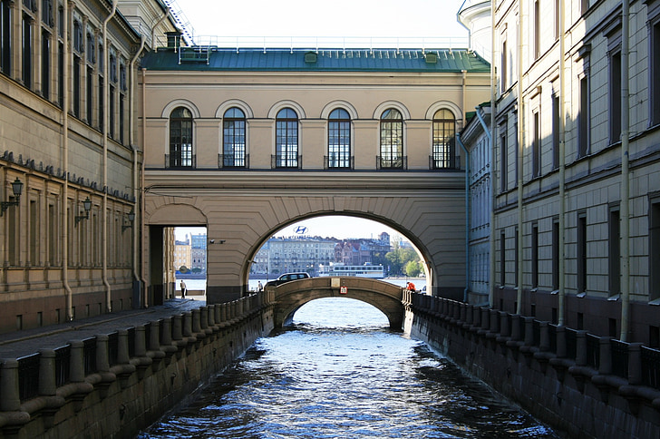 kanalas, žiemą, vandens, tiltas, pastatų, sienos