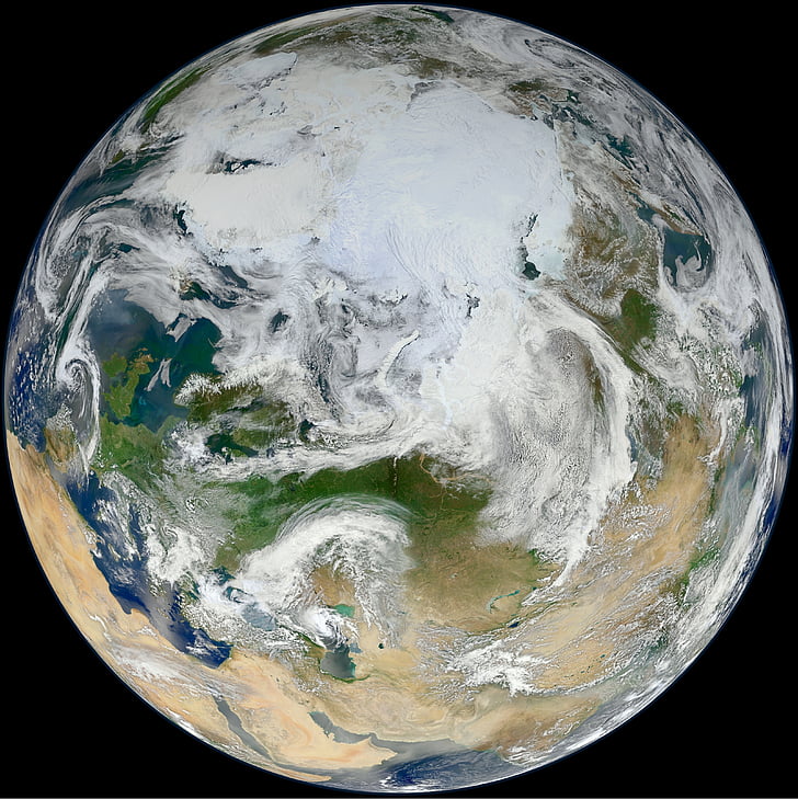 terra, vista de l'Àrtic, planeta, espai, per satèl·lit, esfera, marbre blau