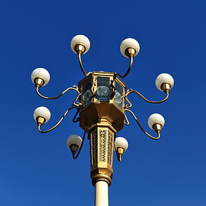 blue sky, bulbs, lamppost, light, low angle shot, post, street lamp