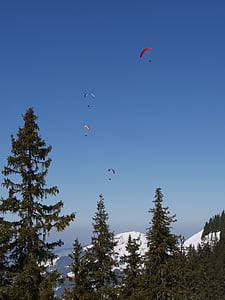 parachute, mountains, paragliding, sky, snow, winter, extreme