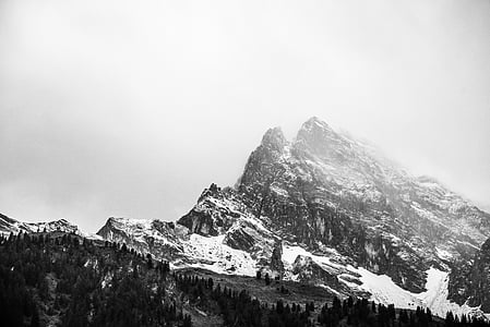 black-and-white, foggy, landscape, mist, mountain, outdoors, rocky mountain