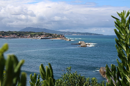 socoa, basque country, sea, mountains, surfer, atlantic, view