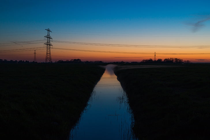 dark, dawn, dusk, high-tension line, high-voltage line, river, sunrise