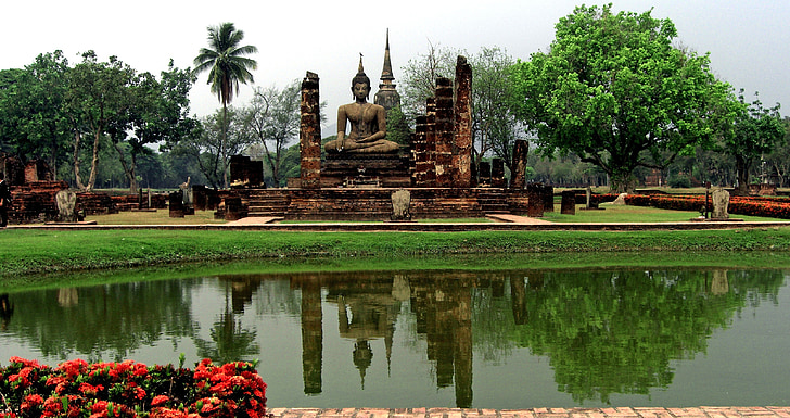 Тайланд, храма, сгради, религия, вяра, дървета, езеро