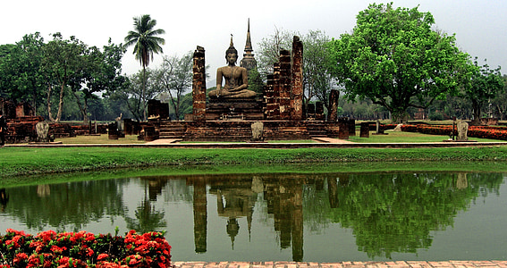 태국, 사원, 건물, 종교, 믿음, 나무, 호수